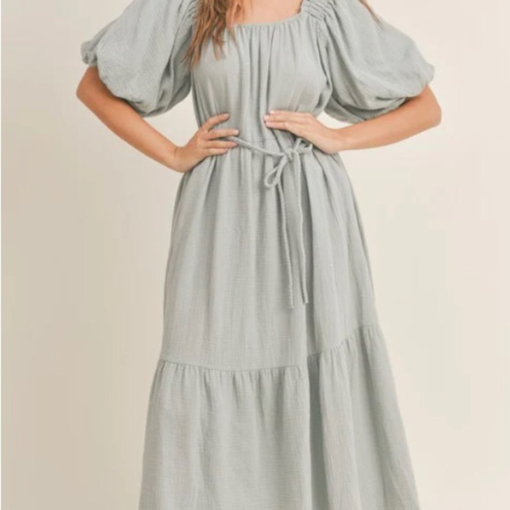 Cotton gauze baby blue puff sleeve tiered dress